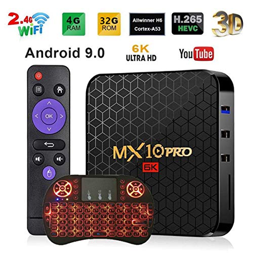 Android TV Box 9.0 Smart TV Box 4GB 32GB MX10 Pro Support USB 3.0 BT 4.1 2.4G- 5G Dual-Band Wi-Fi 3D 4K Full HD H.265 100M Ethernet Android Mini PC with Wireless Keyboard Remote (Backlit) TTV Box