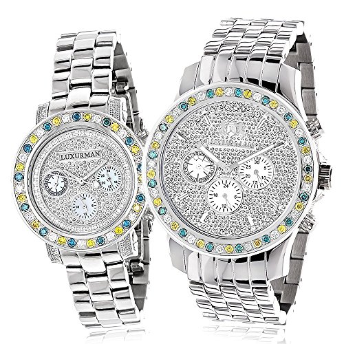 Matching His and Hers Watches White Blue Yellow Diamond Luxurman Watch Set Gold Plated Steel Bands 5.25ct