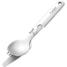 Titanium Flatware Titanium Spoon Knife Fork Bottle Opener 4 Pieces Tableware Set Lightweight Utility Camping Cutlery Set with Carrying Bag for Traveling Picnic Hiking