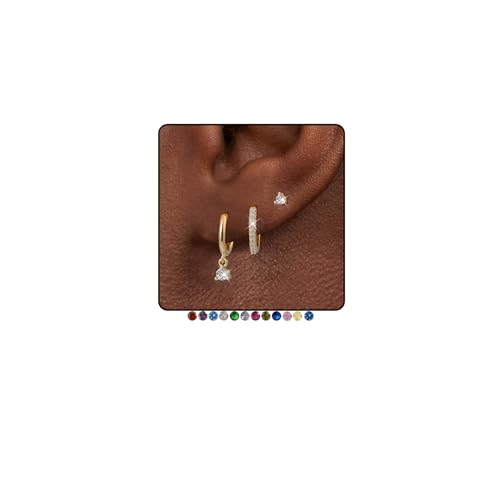 Gold Earrings Set for Women Trendy, 14k Gold Plated Birthstone CZ Dangle Huggie Earrings for Multiple Piercing Hypoallergenic,Small Hoop Stud Earrings Stacks Set Birthday Gifts Non Tarnish