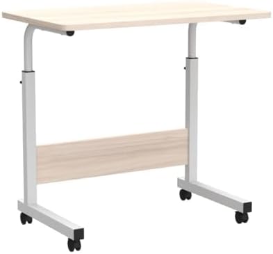 CROWNSHOP Height Adjustable Mobile Tables 40x60(70-80) cm Side Table | Workstation Laptop Overbed Multi Table with Metal Frame Rolling Castors - Light Wood Color
