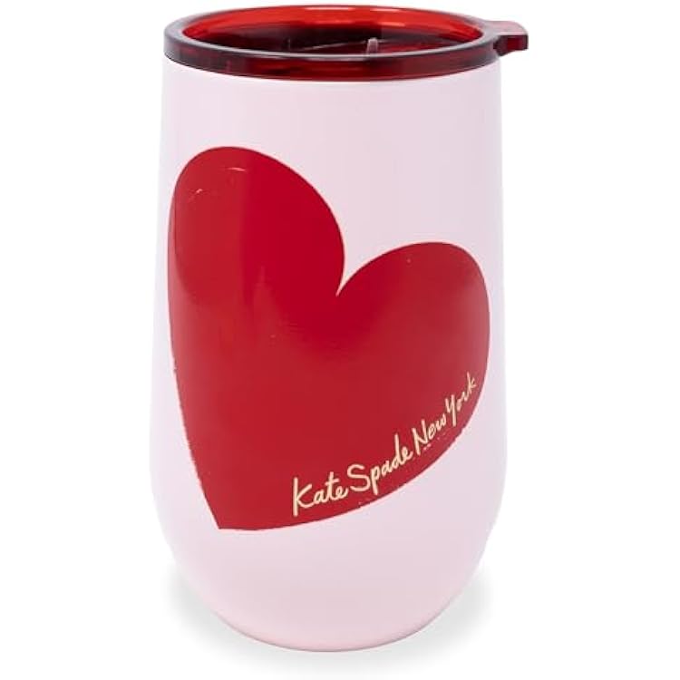 kate spade new york Insulated Stainless Steel Wine Tumbler, 16 Ounce Double Wall Tumbler, Pink Stemless Travel Cup with Lid, Sweet Hearts