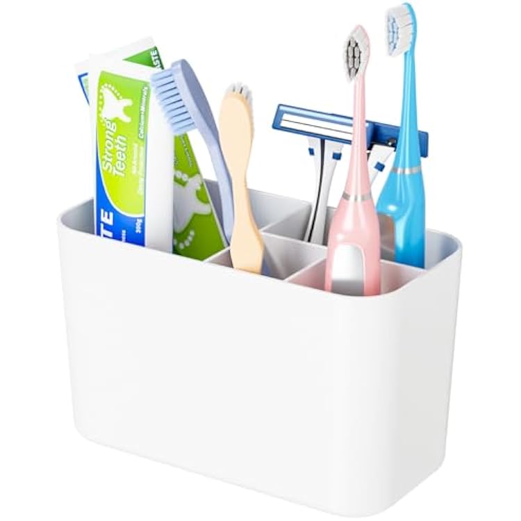 Electric Toothbrush Holder for Bathroom Countertop and Wall Mounted with Adhesive,5 Slots Family Size White Tooth Brush and Paste Holder & Stand,Cute Kids Tooth Rush Holders and Toothpaste Organizer