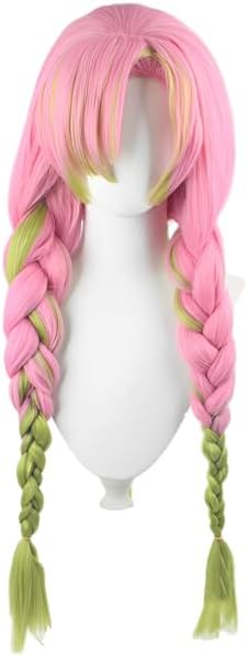 Anime Cosplay Wig for Demon Slayer Kanroji Mitsuri Wig Long Pink and Green Braided Wig for Women Halloween Role Play Party Comic