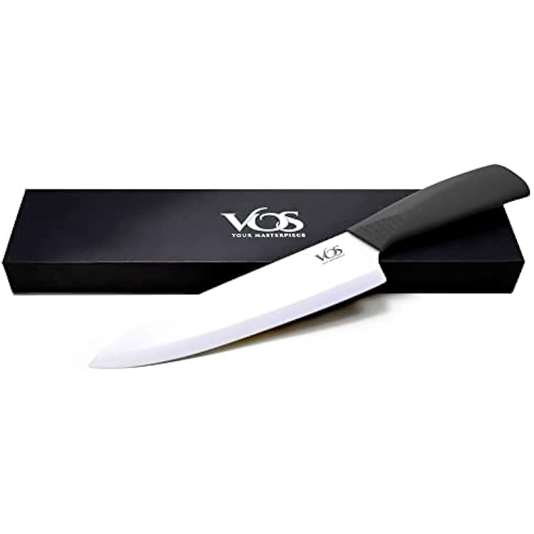 Vos Ceramic Chef Knife 8 Inch with Protection Cover Large Ceramic Kitchen Knife for Slicing, Dicing, and Fruits Lightweight Zirconia Blade Luxury Gift Packaging Ultra Sharp Chefs Knife Black