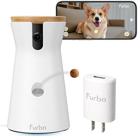 Furbo 360 Dog Camera + Power Adapter: Pet Cam w/Barking Alerts, Rotating View, Treat Toss w/Phone App, Puppy Monitoring, 2-Way Speaker, No Subscription Needed. Standard See, Talk, Toss Features