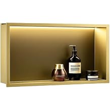 DYRABREST 24x12 Inch LED Shower Niche, IP66 Waterproof Bathroom Recessed Wall Shelf with Built-in 4000K Warm White Light, Stainless Steel Storage Niche for Bathroom, Kitchen, Living Room (Gold)