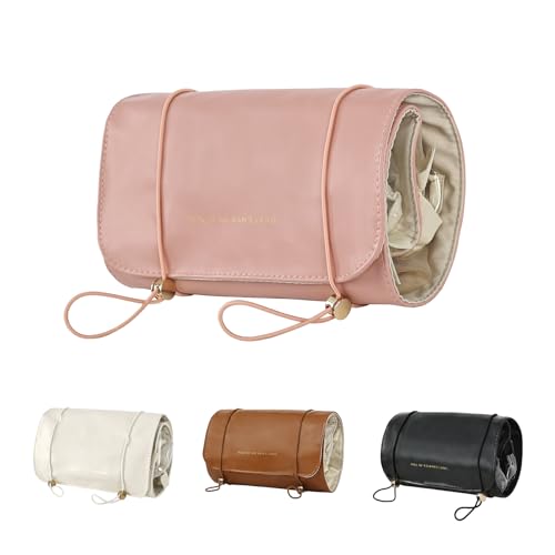 Surblue Travel Roll-Up Makeup Bag 4-in-1 Portable Removable Storage Pouches Detachable Waterproof Toiletry Bag Foldable Adjustable Hanging Cosmetic Organizer for Women,Pink