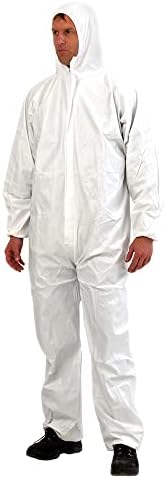 Greenour Case of 48 Disposable SMS Coveralls with Hood for Adults Fluid-resistant White Painters Suit
