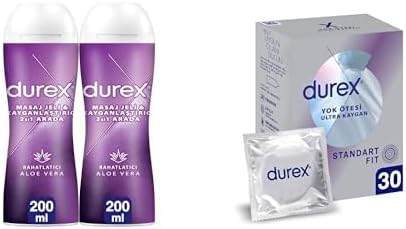 Durex Aloe Vera 2'si 1 Arada Kayganlaştırıcı & Masaj Jeli 2 x 200 ml ve Durex Yok Ötesi Ultra Kaygan İnce Prezervatif 30'lu, 2X200 ML + 30'lu, Aloe Vera Jeli + Ultra Kaygan İnce Prezervatif