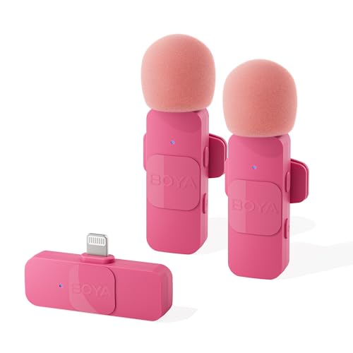 BOYA Wireless Lavalier Microphone for iPhone iPad Phone Omnidirectional External Mini Lapel Lightning Microphone for iPhone Clip-On Mic for Video Recording Podcast YouTube Live Streaming Pink