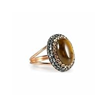 Rose Gold Sterling Silver 925 Oval Gemstone Adjustable Statement Ring with Crystals for Women - Available in Black, Blue, Green, White, Red, Purple, Brown Stones