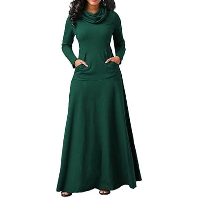 Womens Turtleneck Cowl Neck Dress Floore Length A Line Swing Long Dress Tunic Shirt Long Sleeve Sweatshirts Pockets