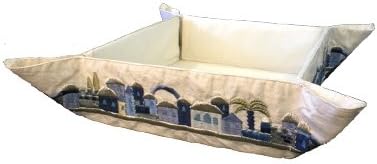 Matzah Plate for Seder Table, Embroidered Folding Basket for Matzah. Ideal for the Passover Table, Blue Jerusalem Design