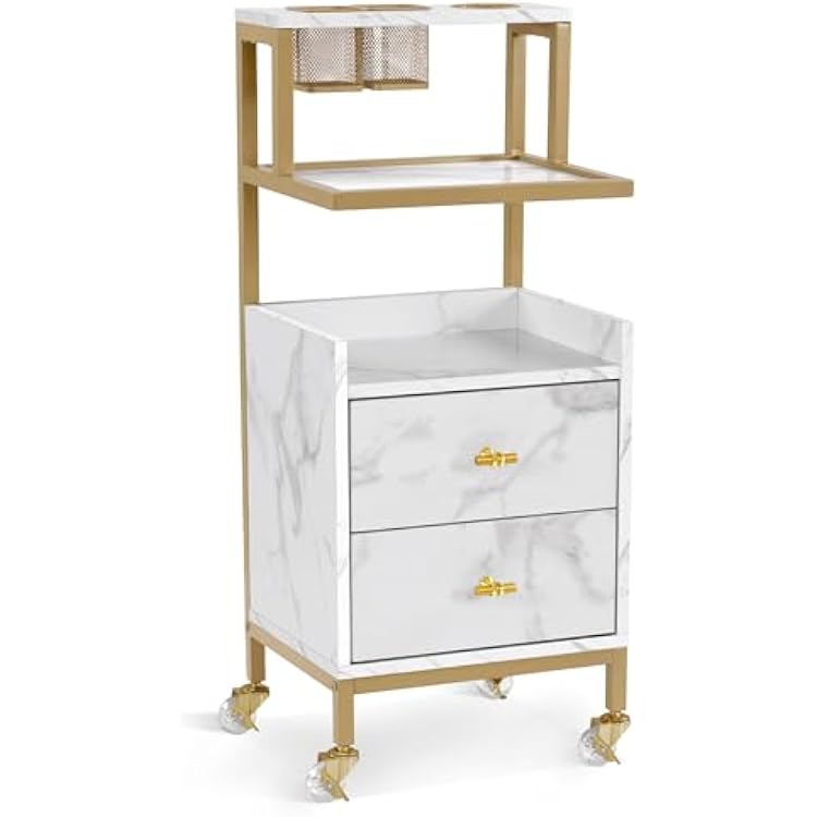 BarberPub Rolling Salon Cart with Storage Drawers, Barber Trolley with Metal Tool Holder & Basket, Beauty Salon Equipment for Hair Stylist 2084 White Medium Size