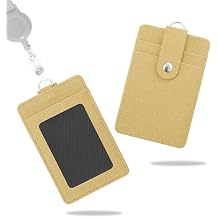ID Badge Holder with Retractable Lanyard, Vertical PU Leather ID Badge Card Holder with 2 Card Slots (Beige)