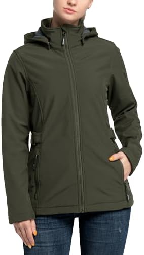 Outdoor Ventures Womens Softshell Jacket with Removable Hood, Insulated Windbreaker Waterproof Warm Fleece Lined Coat