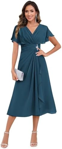 Womens V Neck Mother of The Bride Dresses for Wedding Ruffle Chiffon Tea Length Formal Evening Party Gowns
