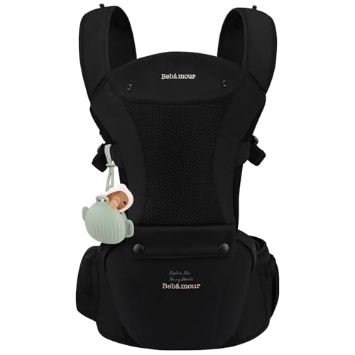 Bebamour Baby Carrier with Hip Seat,All-Position Breathable Mesh Hip Seat & Carrier 0-36Months with Head Hood, 3 PCS Teething Pads, Waist Extender,Storage Bag & Pacifier CaseBlack