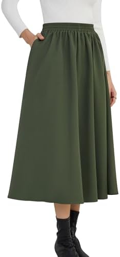 NASHALYLY Womens Midi Skirt High Waisted A-Line Pleated Elastic Casual Long Skirt with Pockets