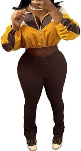 Recious Womens Sexy 2 Pieces Colorblock Zipper Jackets Crop Tops Shirts Bodycon Pants Party Clubwear Tracksuit Outfits Set