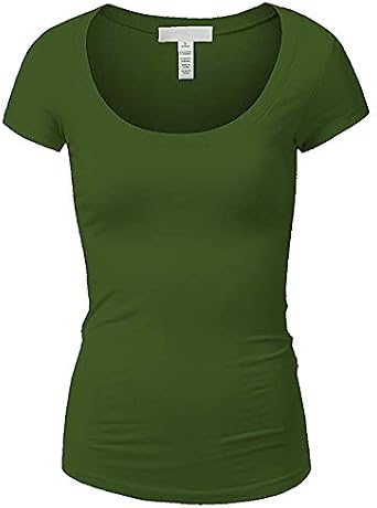 Active Basic Womens Plain Basic Deep Scoop Neck with Cap Short Sleeves - Olive - Medium