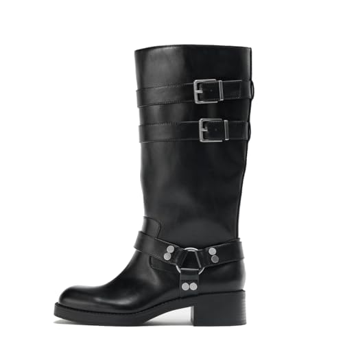 Mid Calf Boots for Women Chunky Block Heel Riding Boot Square Toe Comfortable Casual Tall Boots Low Heel Trendy Stylish Biker Boots