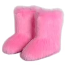 QMFUR Women's Furry Faux Fur Boots Fuzzy Fluffy Mid Calf Snow Boots Suede Warm Fur Lined Booties Flat Fashion Boots