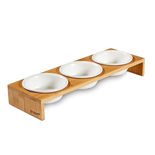 PiuPet Cat Bowls for Indoor Cats 8.5 fl oz with Rack, Set of 3 Bowls for Cats and Small Dogs, White Ceramic Cat Bowls with Stylish and Non-Slip Bamboo Frame I Ergonomic Kitten Bowls for Easy Cleaning