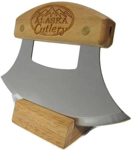 The Ulu Factory Alaska Birch Cutlery Ulu Knife 6" Stainless Steel Blade with Block Wood Stand