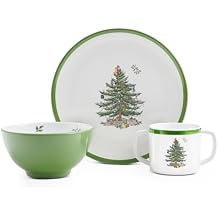 Spode Christmas Tree 3-Piece Melamine Dinnerware Set - 8" Plate, 5" Bowl, 10 oz Mug - Festive & Durable Holiday Collection for Kids - Christmas Tableware with Classic Tree Motif, Dishwasher Safe