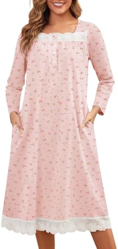 Bloggerlove 100% Cotton Nightgowns for Women Button Down Long Sleeve House Dress Lace Nightdress with Pockets