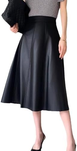 utcoco Womens Casual Long Leather Skirt High Waist A-Line Swing Midi-Length Faux Leather Skirts