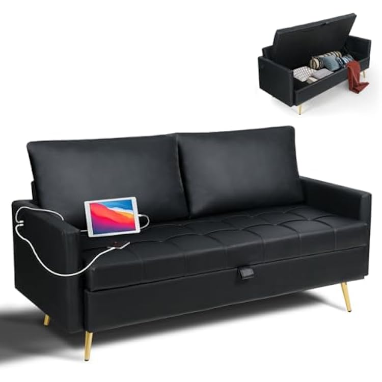 LINLUX 60 W Black Leather Couch with Storage, Loveseat Sofa Couches for Living Room, Bedroom, Office, Dorm, Comfy Cushion, 2 USB Charging Ports