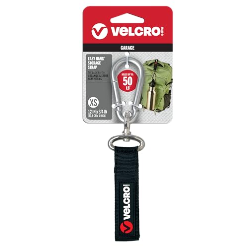 VELCRO Brand VEL-30196-USA Easy Hang Strap with Carabiner Clip Attach Water Bottles and Accessories to Bikes, Bags and more. Organization for Garden, Shed, RV. Extra Small-1Pk, Black