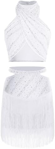 JanJean Women Latin Dance Costume Rhinestones Front Cross Ruched Mesh Overlay Crop Top Tassels Skirt Tango Outfit