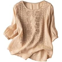 SHAOBGE Embroidered Cotton Linen Tops for Women 3/4 Sleeve Summer Boho Peasant Gauze Blouses Dressy Casual Bohemian Shirts