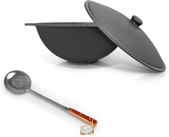 Cast Iron Kazan 12 L - Uzbek Kazan with Aluminium Lid Slotted Spoon & Ladle - Ideal for Plov Cooking on Fire Oven Uzbek Cooking Pot