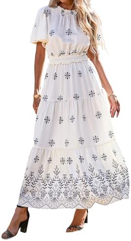 KIRUNDO Floral Maxi Dresses for Women 2026 Spring Summer Wedding Guest Short Sleeve Smocked Waist Flowy Beach Vacation Dress