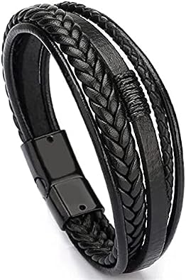Men's Leather Bracelet Black Color Magnetic Buckle Braided Bracelet
