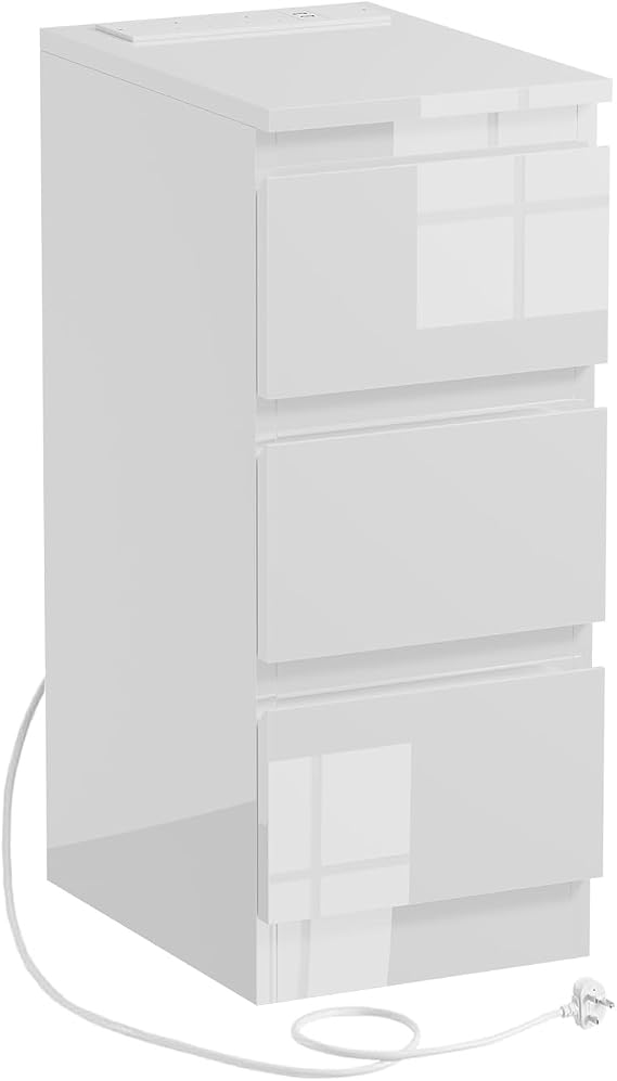 PCGAGA 25cm Slim Bedside Cabinet with Charging Station, Small Narrow Bedside Table with 3 Drawers, USB Charging Port, Thin Nightstand Side End Table for Living Room, Bedroom (High Gloss, White)