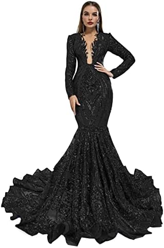 Women's Deep V-Neck Sequins Long Sleeves Mermaid Evening Dress