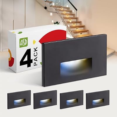 ASD LED Recessed Step Light Fixture, Outdoor & Indoor Stair Tread Lighting | 3CCT, Dimmable, Waterproof, ETL Listed | 3W 120LM 3000K-5000K 120V | Staircase Hardwired Illumination | Black, 4 Pack