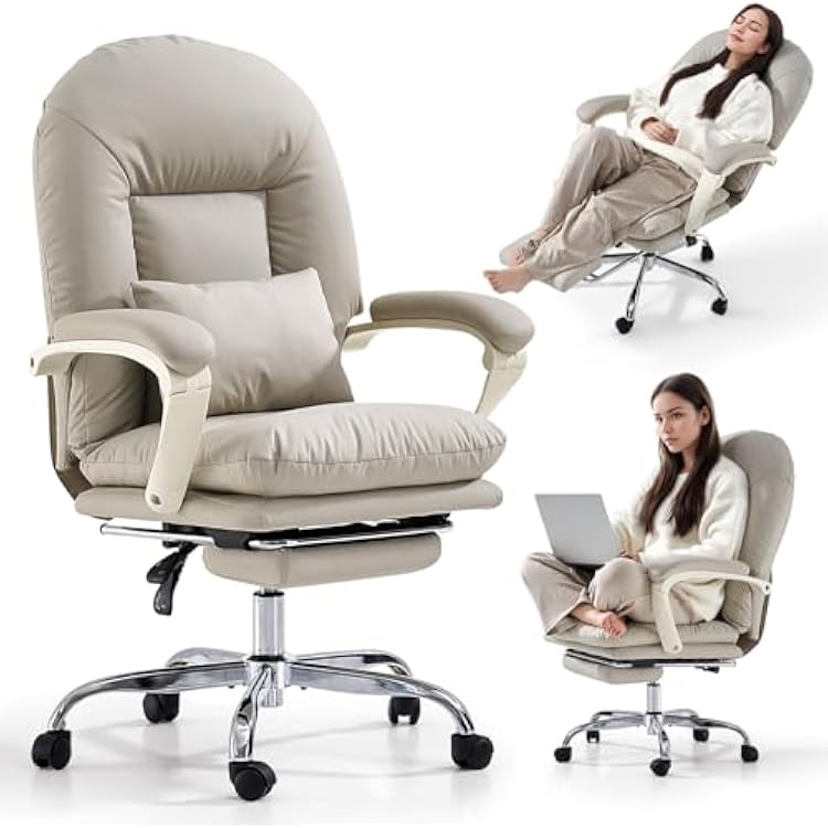 EMIAH Office Chair with Foot Rest Criss Cross Chair with Wheels Ergonomic Reclining Executive Office Chair Mid Back Genuine Leather Swivel Computer Chairs Lumbar Support for Home Office Beige