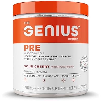The Genius Brand Genius Pre - Clean Pre-Workout Powder for Energy, Focus & Fitness Support - Made with Flavors, Colors, and sweeteners from Natural Sources - Non-GMO - 20 Servings - Sour Cherry