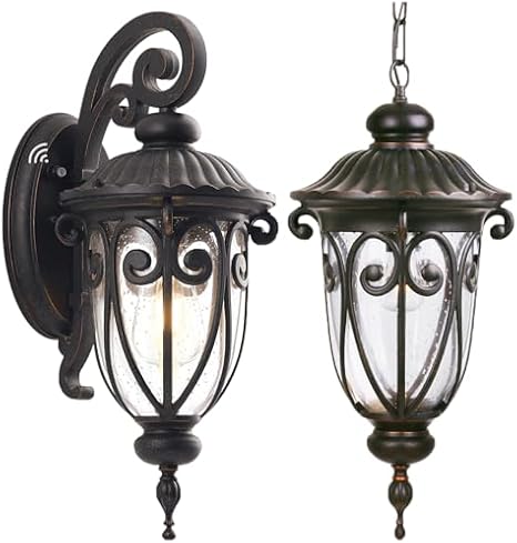 2 Pack Exterior Light Fixture, 1 * Wall Mount (Dusk to Dawn) + 1 * Pendant Light (No Sensor), LMMS0519-DN-S