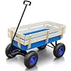 Outdoor Wagon Cart with Wheels All Terrain Cargo Wagon with Wood Railing Kids Children Pull-Along Wagon Garden Air Tires for Children with Foldable Handle, Blue