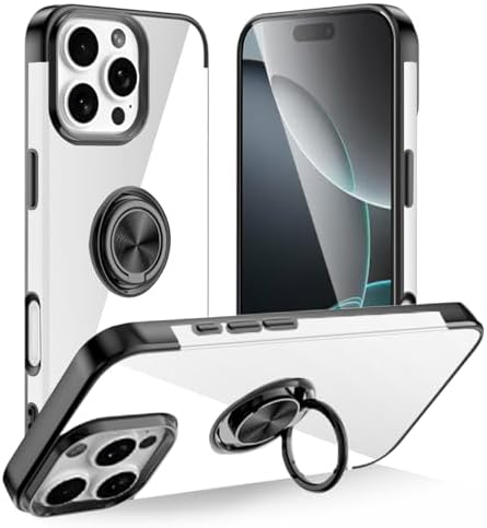Designed for iPhone 16 Pro Max Clear Case with Stand [Magnetic Ring Holder Kickstand] Soft TPU Bumper Non-Yellowing Anti-Scratch Lightweight Slim for iPhone 16 Pro Max Case Black