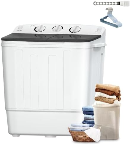 Sportpulse Mini Twin Tub 18lbs Portable Washing Machine, 11lbs Washer & 7lbs Spinner, Small Laundry Washer with Time Control for Camping, Apartments, RV Black, 18lbs
