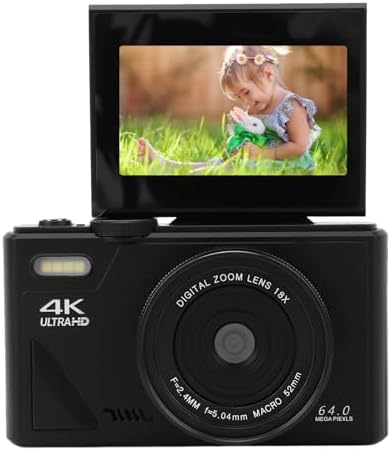 4K Digital Camera 64MP UHD 18X Zoom Autofocus Retro Compact Digital Camera with 3 Inch Flip Screen for Travel Photography (Black)